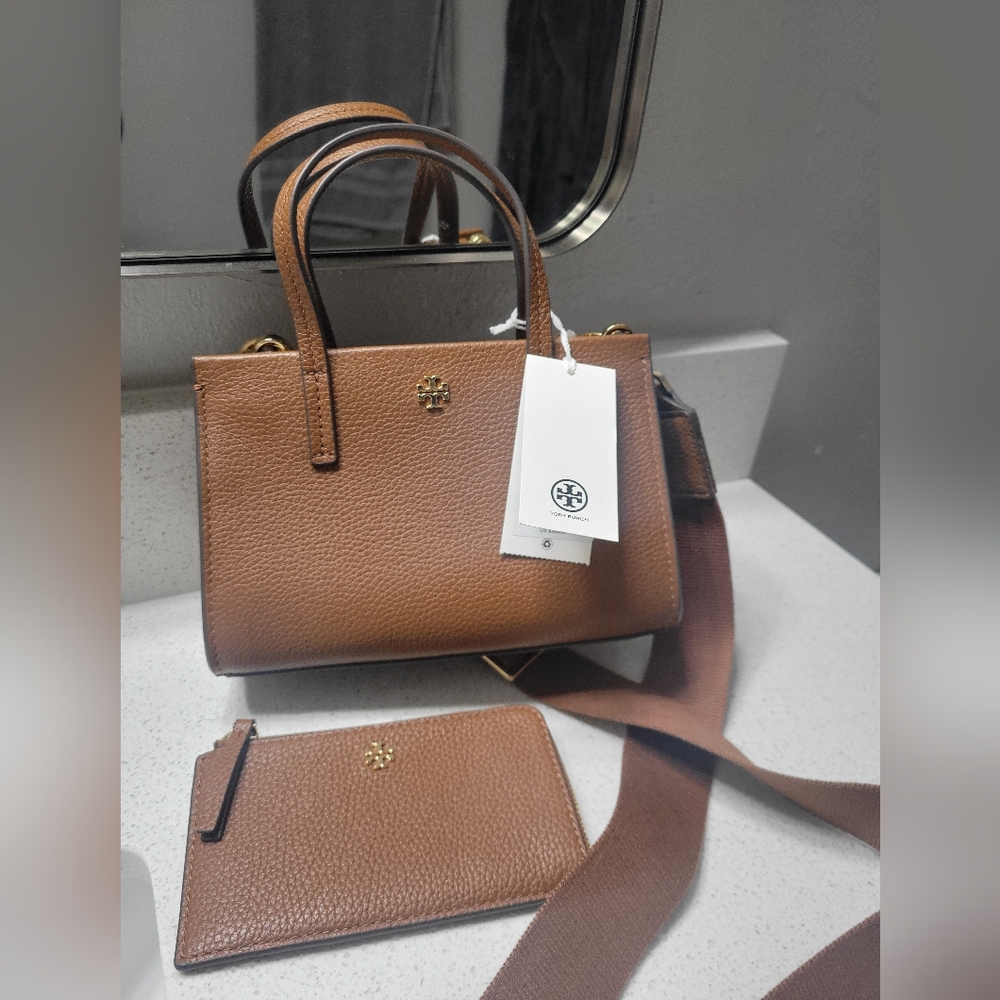 Tory Burch Brown Pebbled Leather Tote with Wristlet - Picture 4 of 6